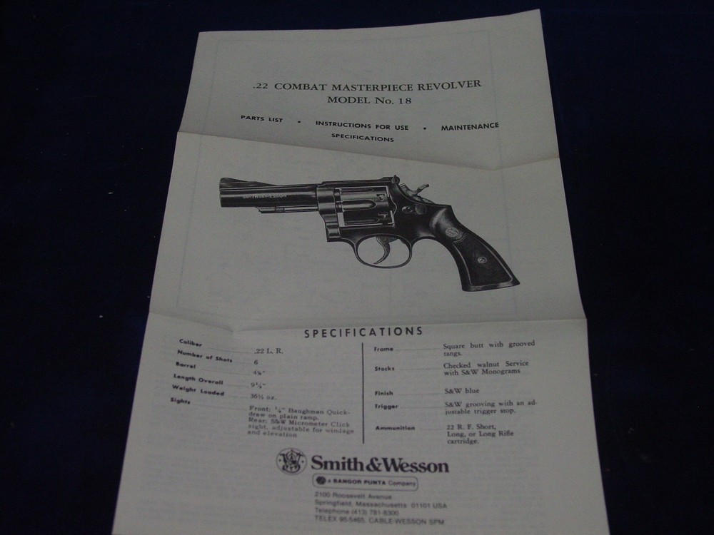ORIGINAL PAPERWORK SMITH WESSON MANUAL 22 COMBAT MASTERPIECE MODEL 18