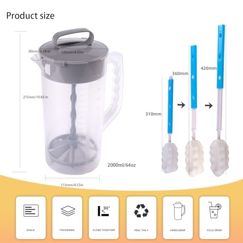 2 Quart/64oz Mixing Pitcher with Adjustable Plunger & Lid - BPA-Free, 2 pack
