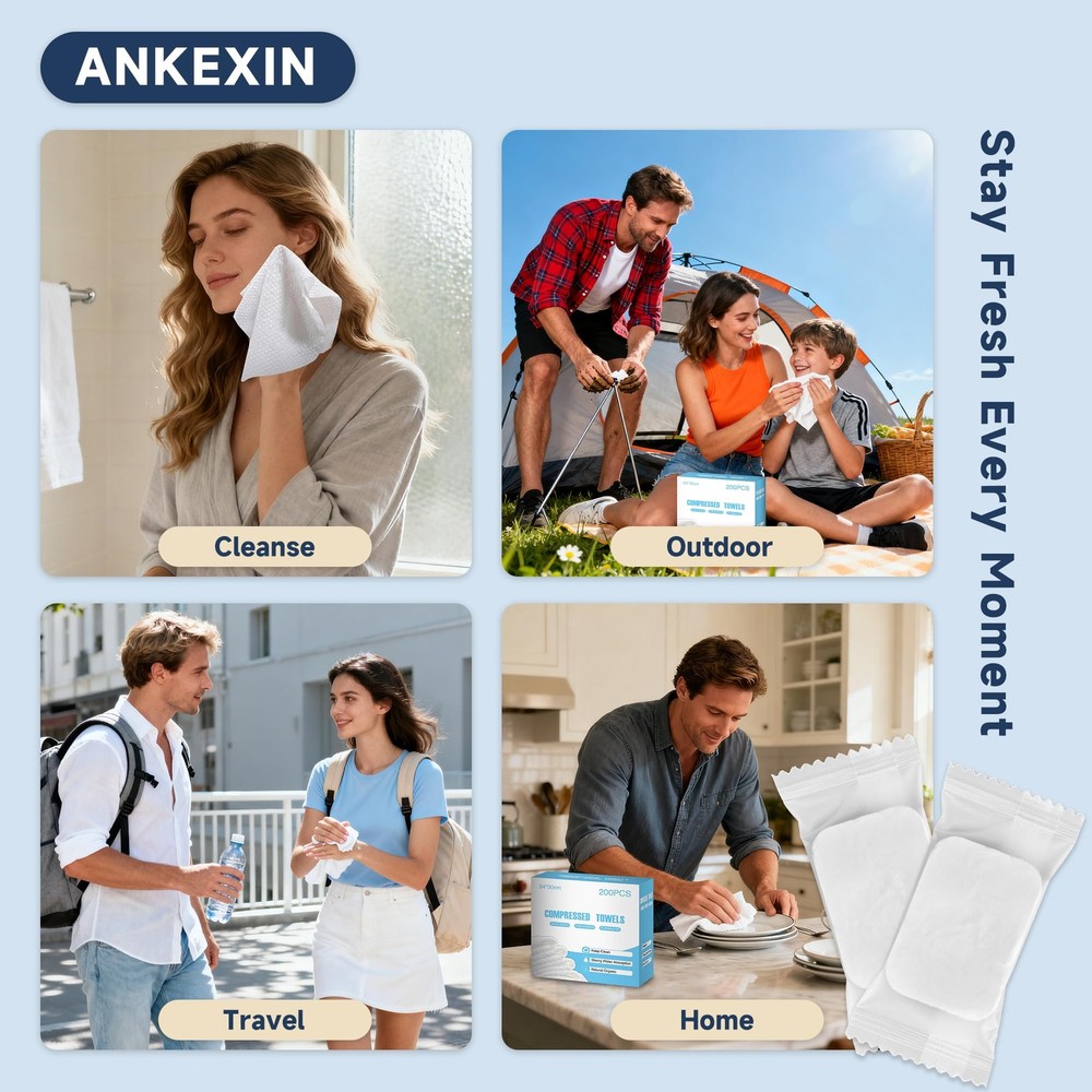 ANKEXIN 200 PCS Compressed Towels, Extra Thick 1 Count (Pack of 200), White