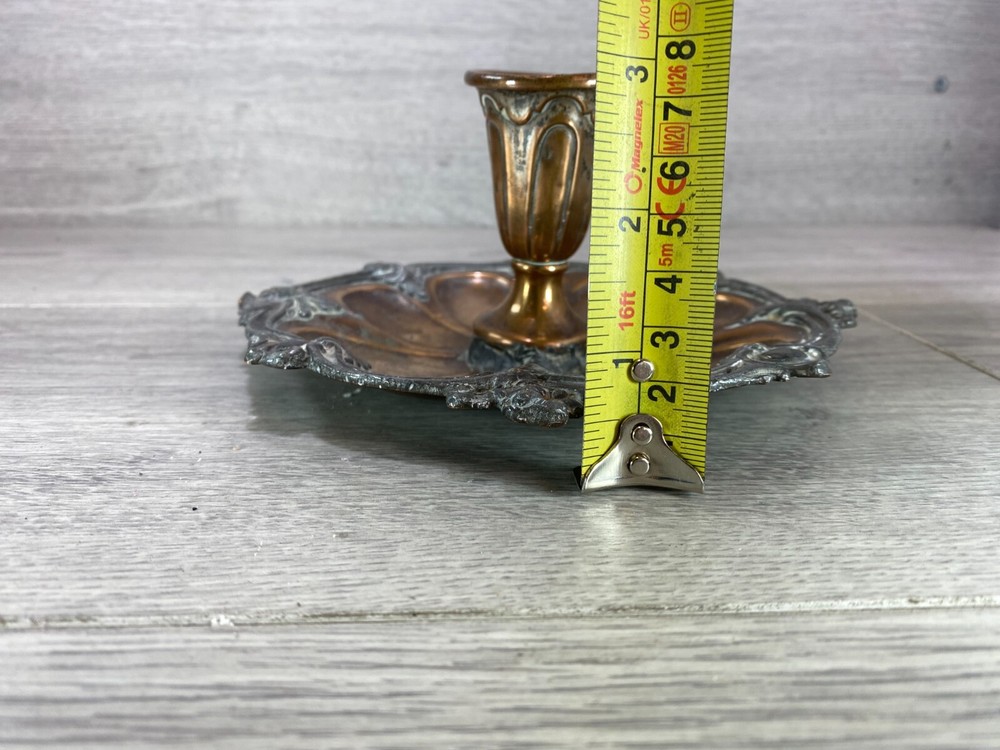 Antique Rococo Style Silver-Plated Chamberstick Candlestick, Copper Base, 15cm