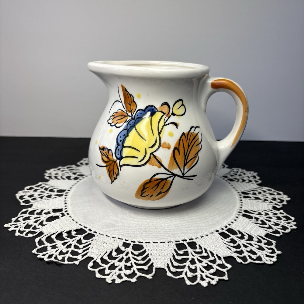 Hand Painted Reubans Original Floral Ceramic Pitcher 1977
