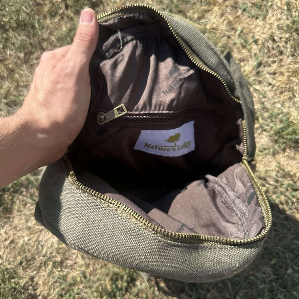 Natures Lodge Backpack, Olive Green Canvas W/Leather Pulls