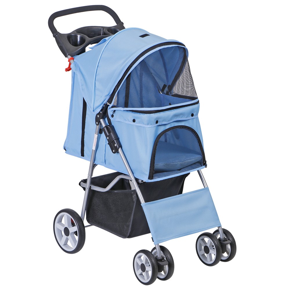 4 Wheel Pet Stroller Foldable Dog Stroller Cat Stroller with Storage Basket Blue