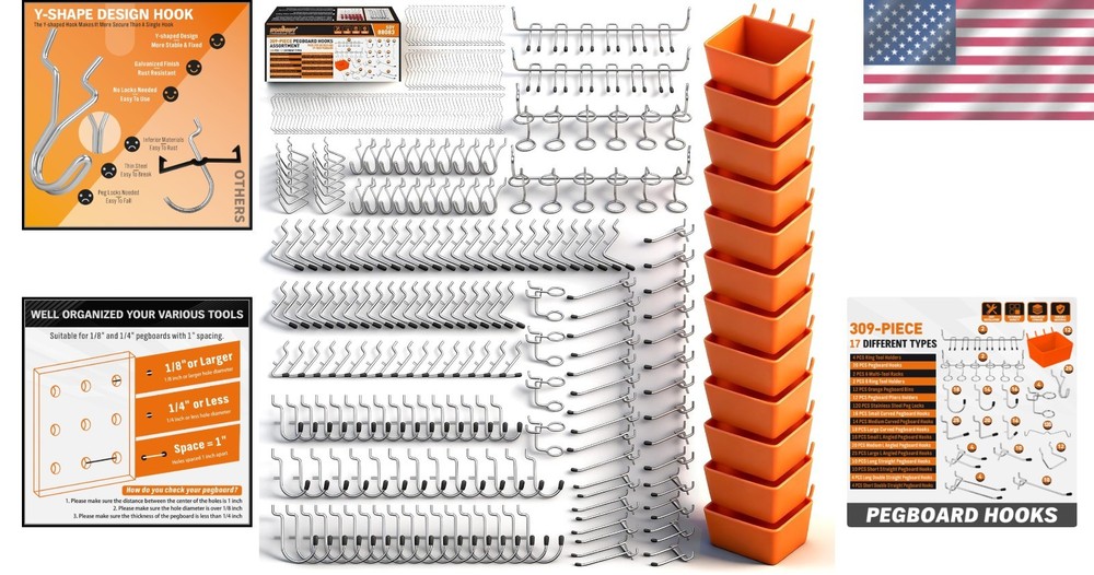 309-Piece Pegboard Hooks Set - Garage Tool Organizer Kit