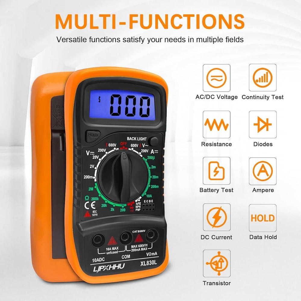 Digital Multimeter 2000 Count AC DC Volt Ohm Amp Tester