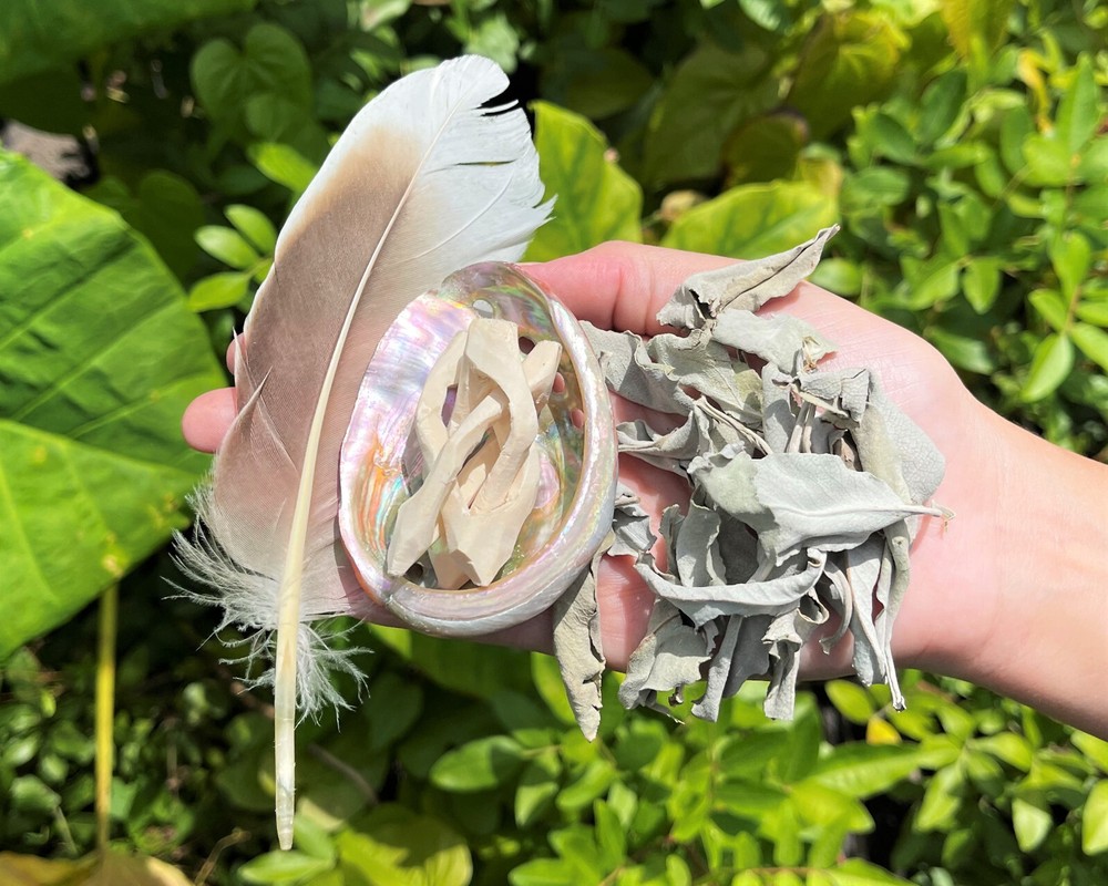 Mini Smudge Kit: White Sage Leaves, Abalone Shell, Smudging Feather & Stand