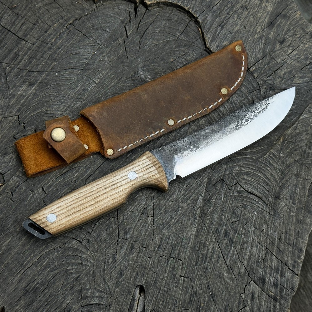 Bushcraft Knife - Sharp Carbon 52100 Blade, Ergonomic Ash Handle, Leather Sheath