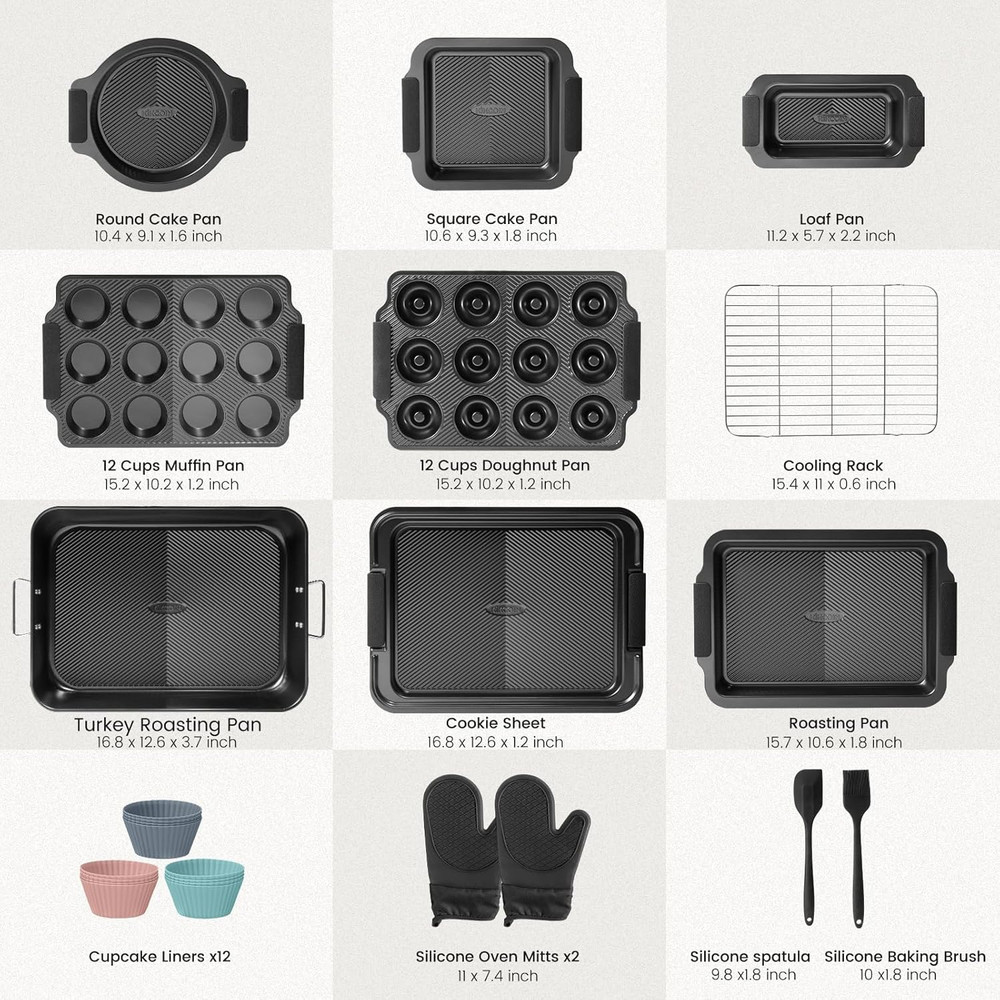 Kikcoin 25 PCS Stackable Baking Pans Set, Non-Stick Bakeware Sets with Silicone