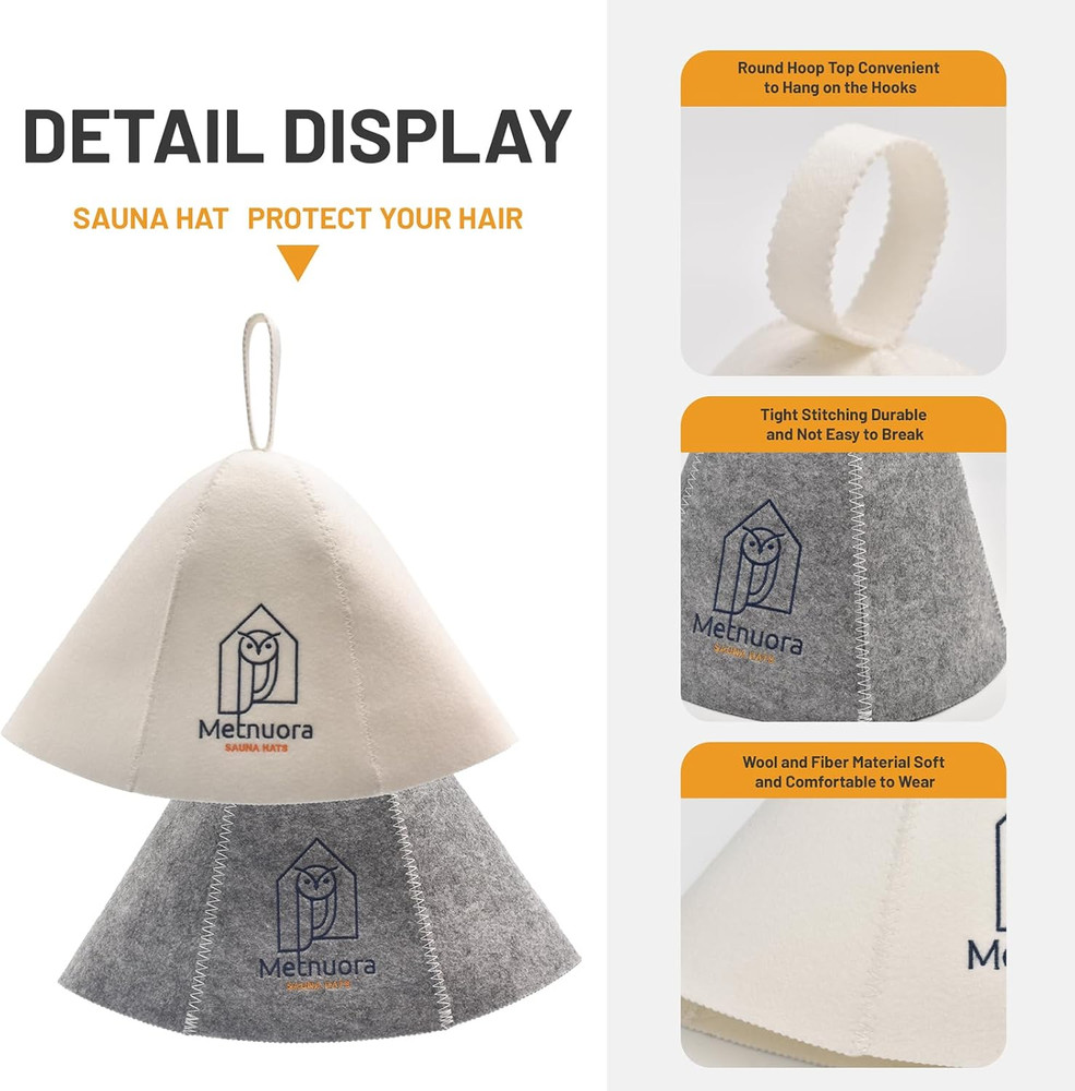 Sauna Hat 2-Pack, Wool Cap for Bathing (White, Grey)