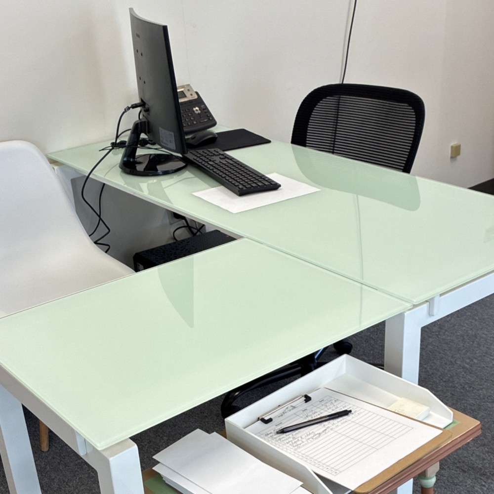 Glass Top L-Shaped Corner Office Desk with White Frame, Rectangle Shape