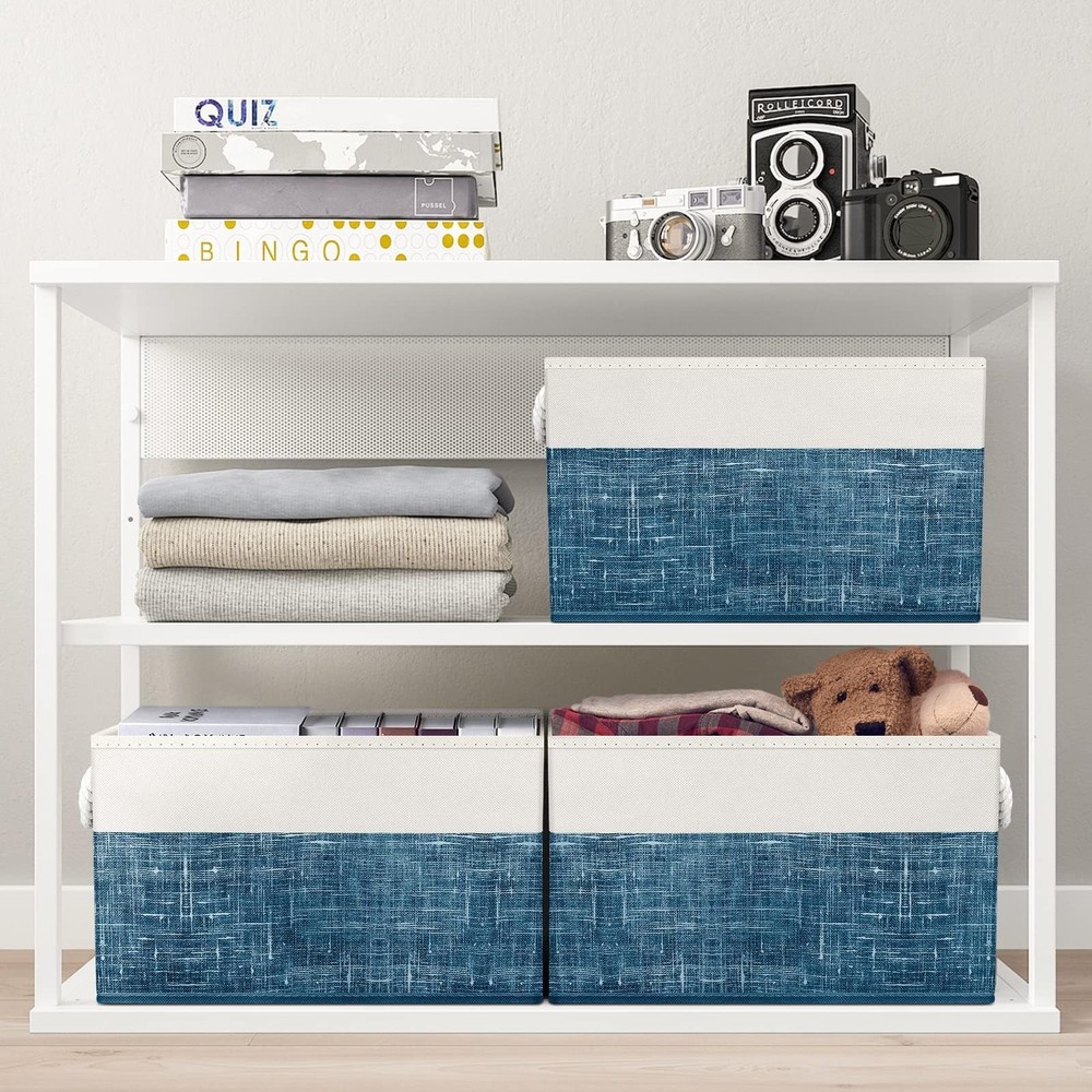 3 Pack Storage Bins Foldable Baskets Large Box Rope Handle White Blue