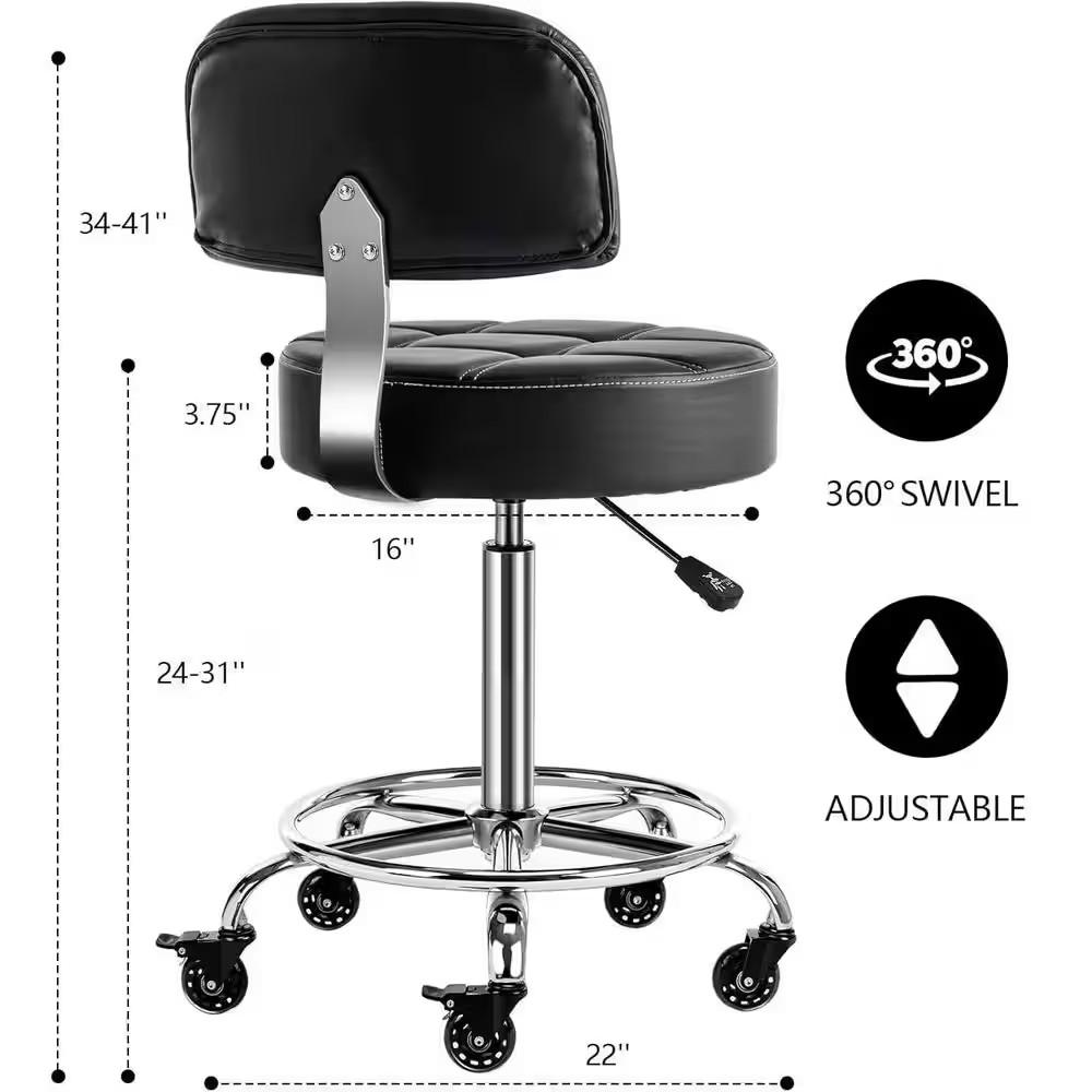Lockable Adjustable Stool with Back Footrest Ergonomic Hydraulic Rolling, Black