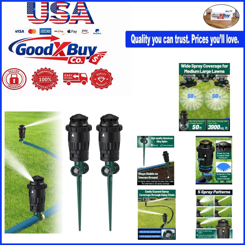 2 Pack Aluminum Sprinklers - 5 Spray Patterns, Adjustable Coverage, Large Yar...