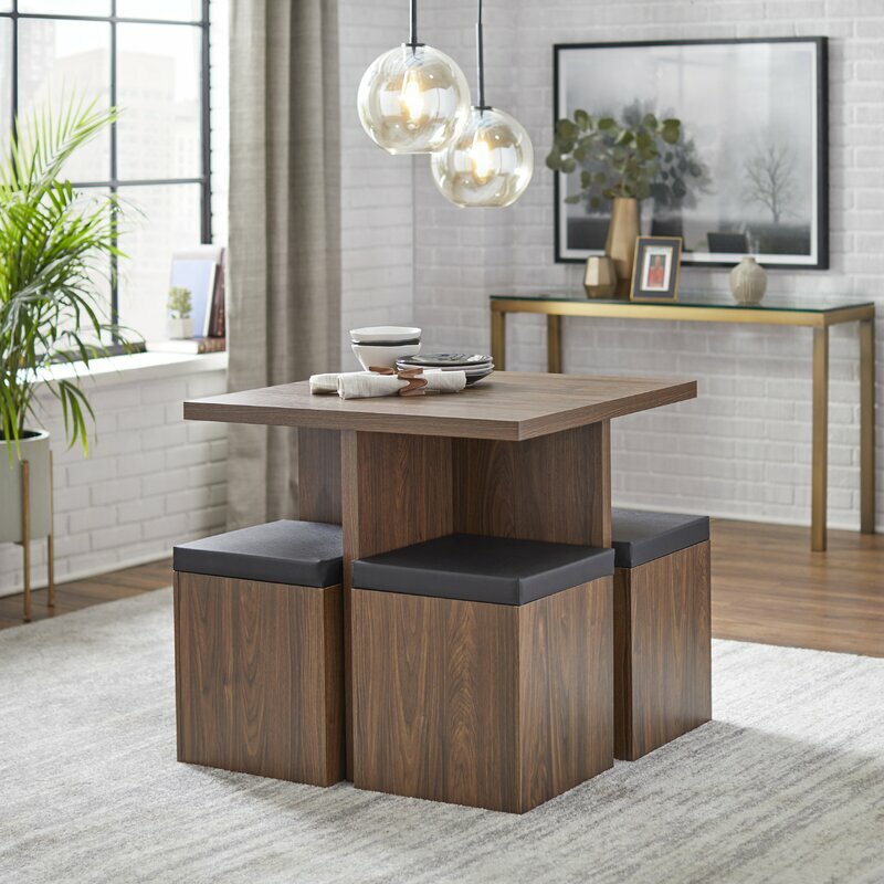 Walnut Brown Wooden 5 pc Dining Set 4 Storage Stools Table Kitchen Nook Dinette
