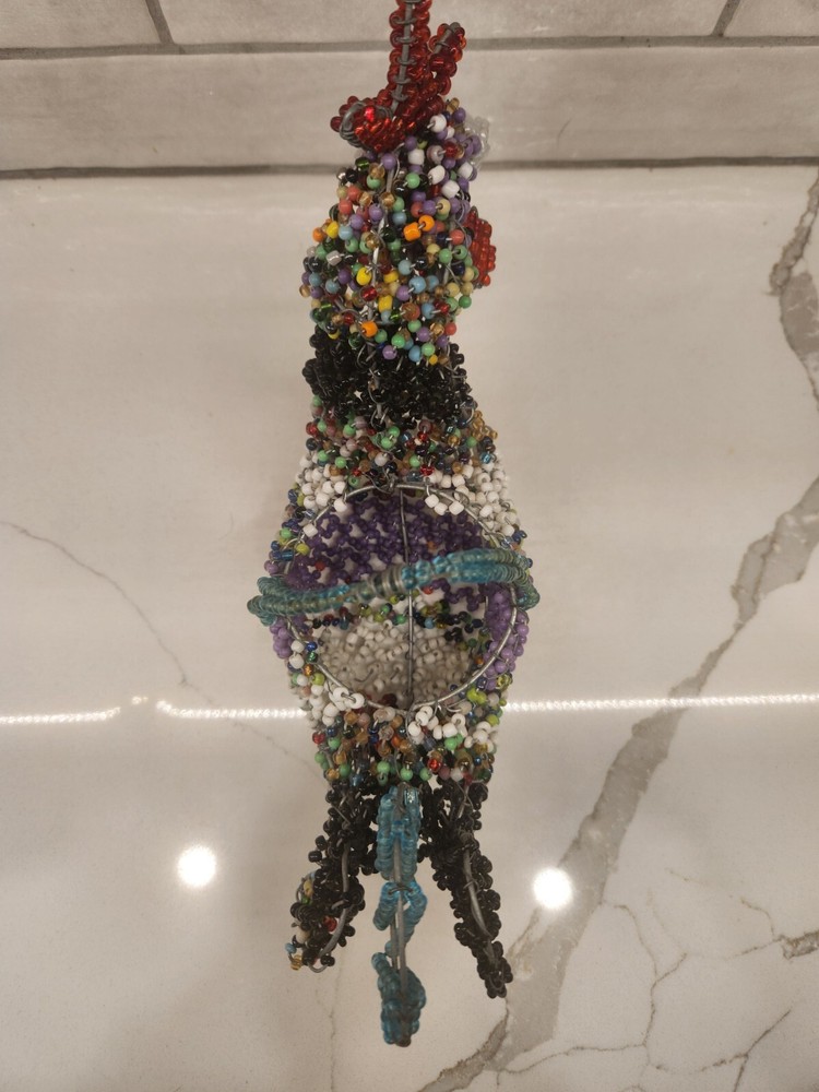 Multicolored Wire Hand Beaded Rooster Basket With Beaded Handle Maker Unknown