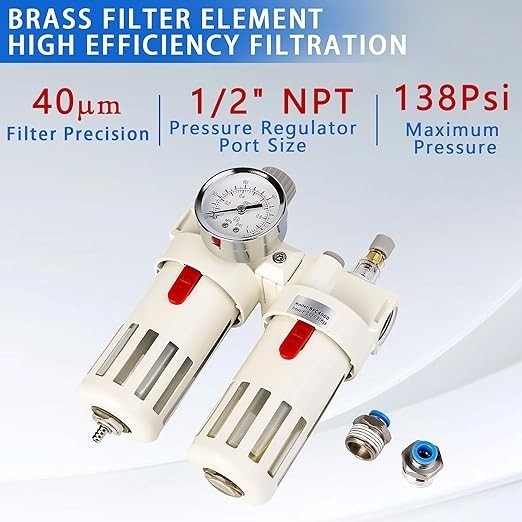 1/2" NPT Compressed Air Filter Regulator Combo, 5 Micron Brass Filter