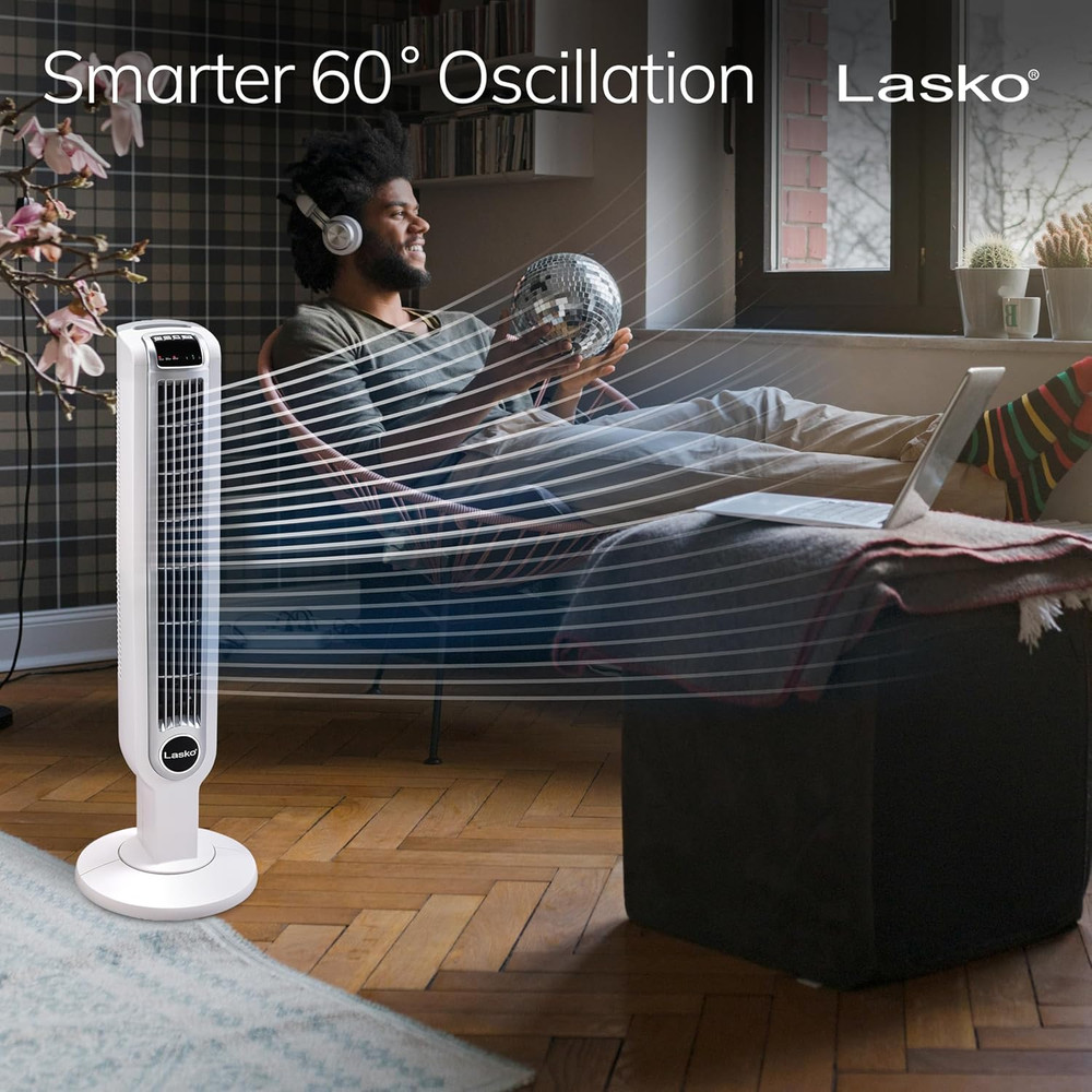 Lasko Oscillating Tower Fan with Remote Control, 3 Quiet Speeds, Timer for Bedro