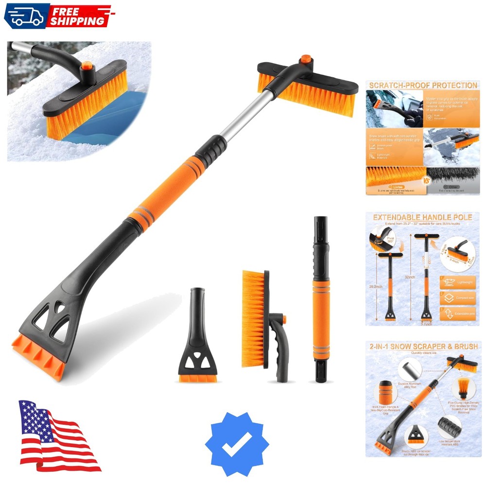 32" Extendable Ice Scraper & Snow Brush for Car Windshield, 360° Rotating Sno...
