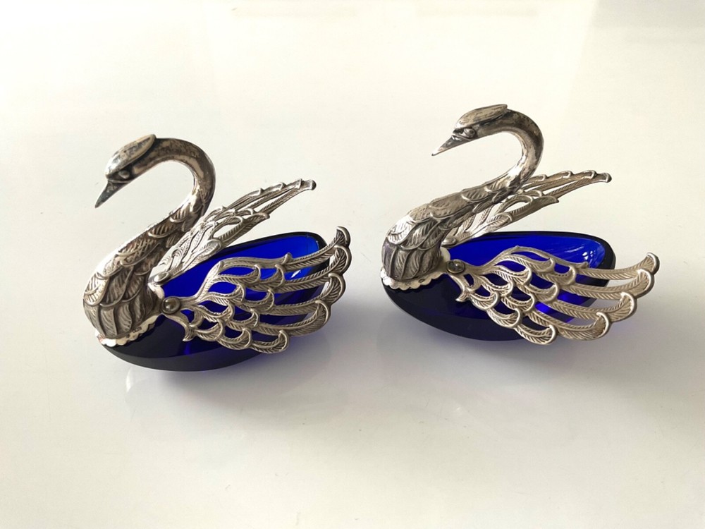 Rare Solid 800 Silver & Cobalt Blue Swans Master Salt Cellar Caviar Bowl 2/PS