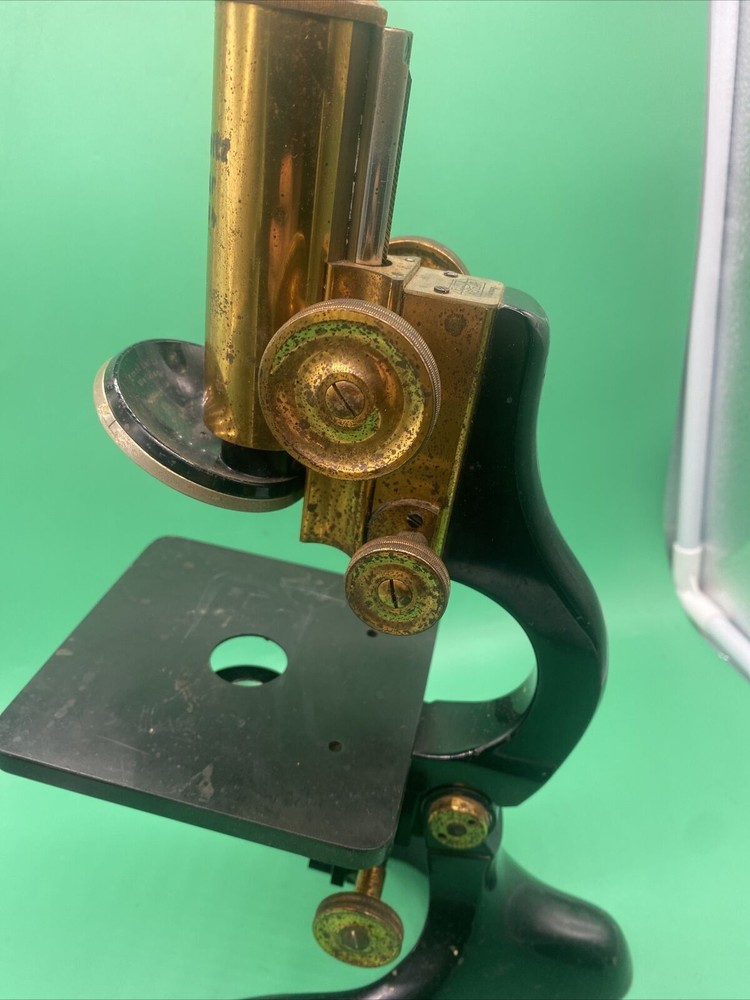 Ernst Leitz Wetzlar Antique Brass Microscope with Case+ACCESSORIES+over-stage