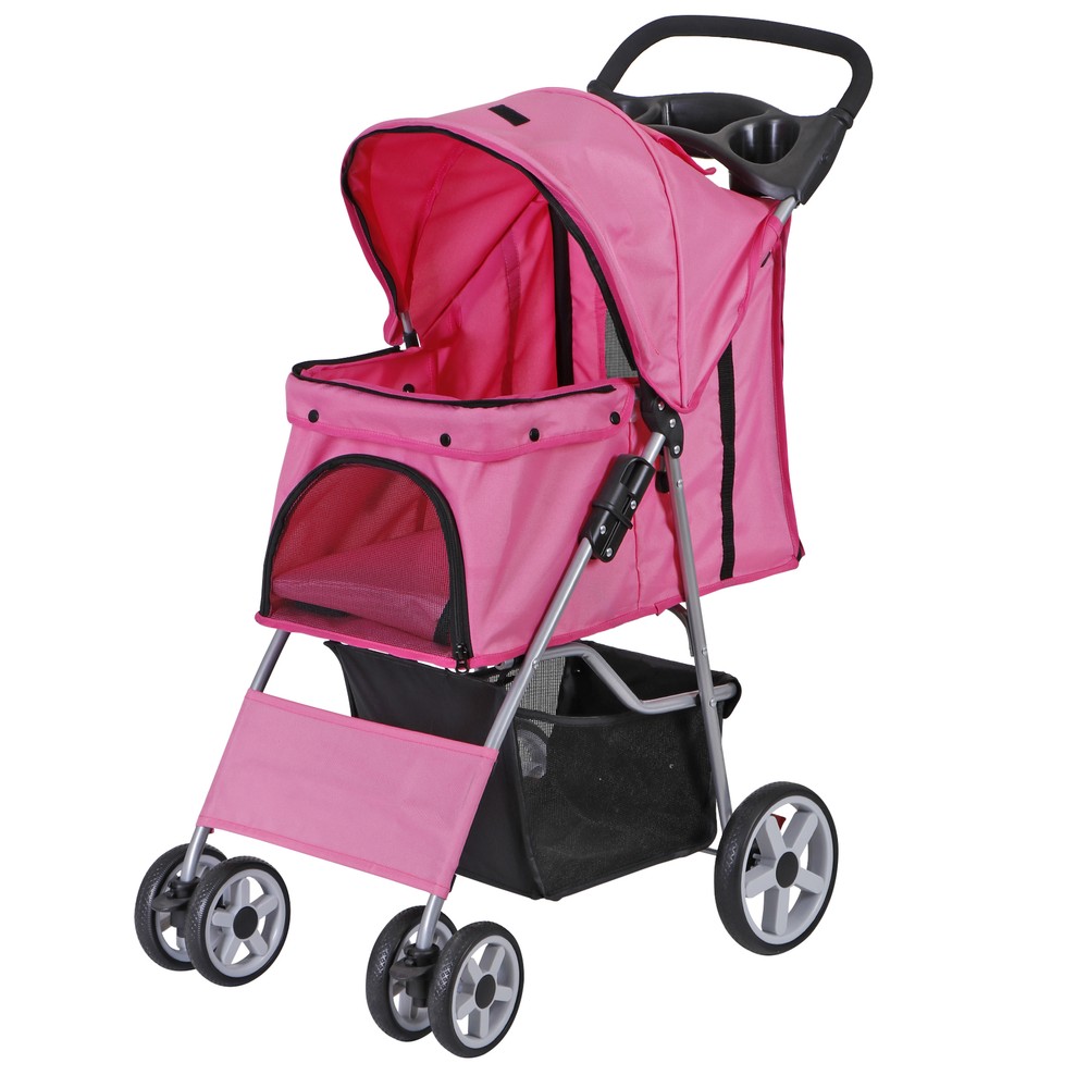 4 Wheel Pet Stroller Foldable Dog Stroller Cat Stroller with Storage Basket Pink