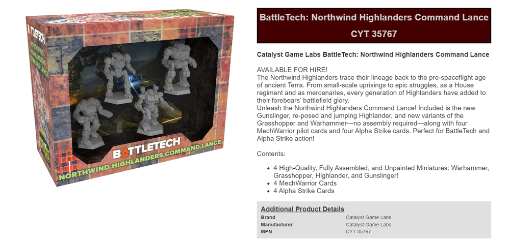 Battletech Northwind Highlanders Command Lance Mech Pack Mercenaries Gunslinger