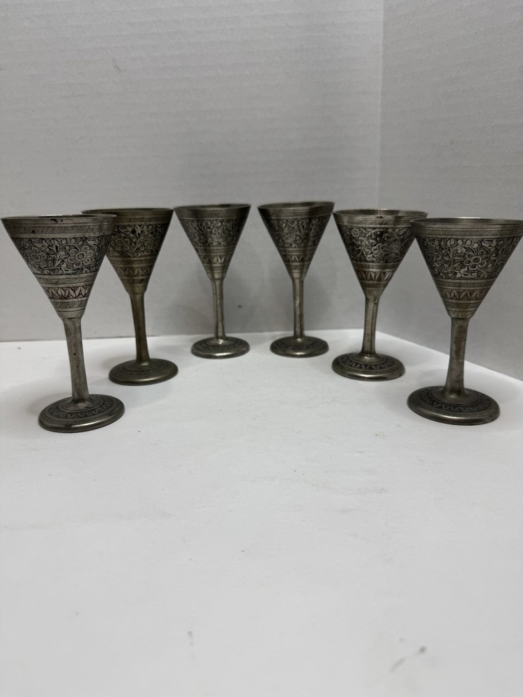 6 Vintage Small Solid Etched Brass Silver Wine Goblets/Whiskey Cups
