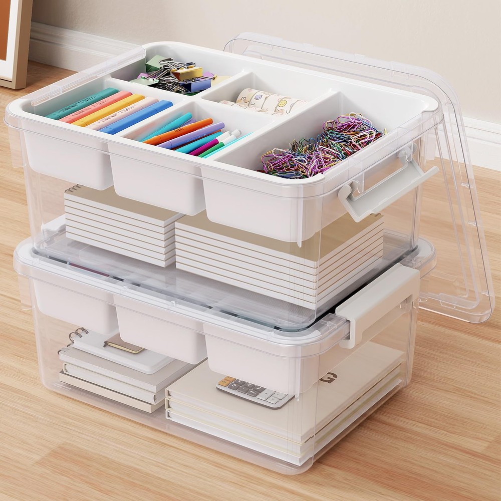 40Qt Stackable Storage Bins with Lids & Trays, Clear Plastic Latching Boxes O...