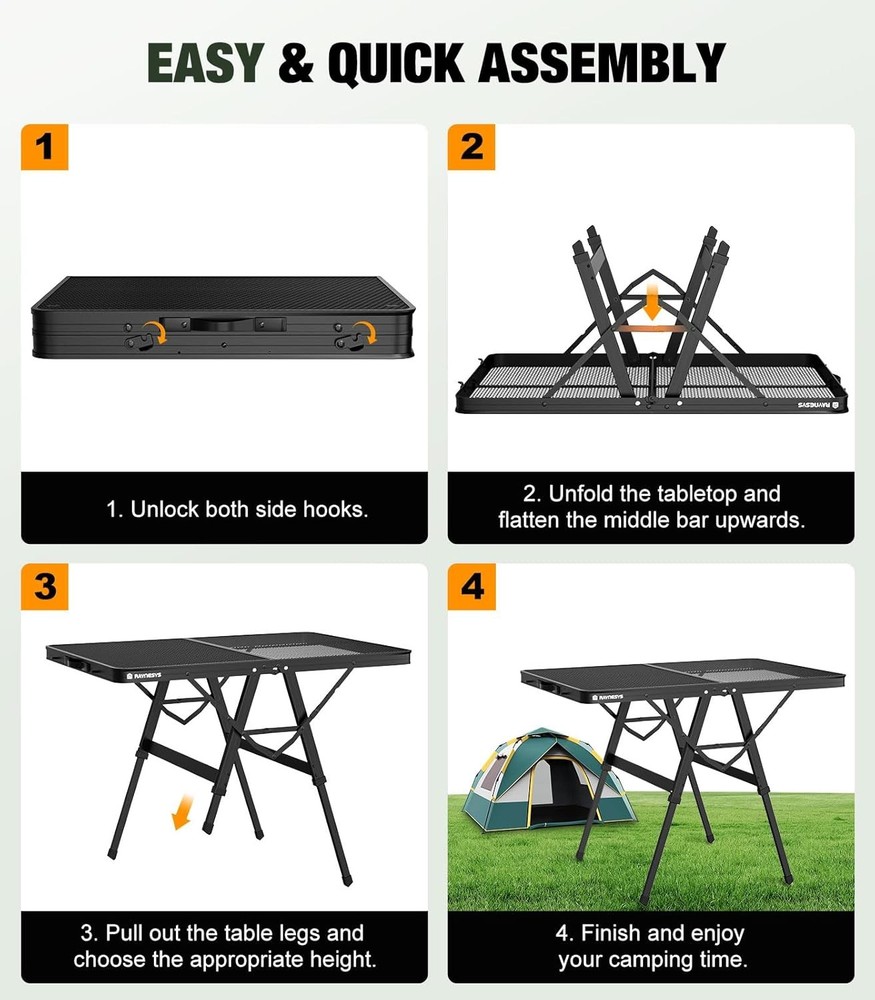 Foldable Grill Table W/ Mesh Desktop 200lbs 3Ft Portable Folding Table Height
