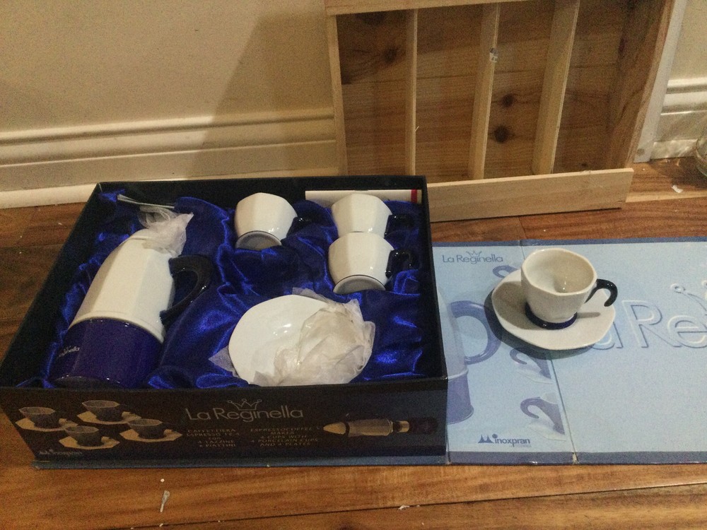 White Blue ItalY La Reginella Stovetop Espresso Coffee Inoxpran tz4 +cup +sauce