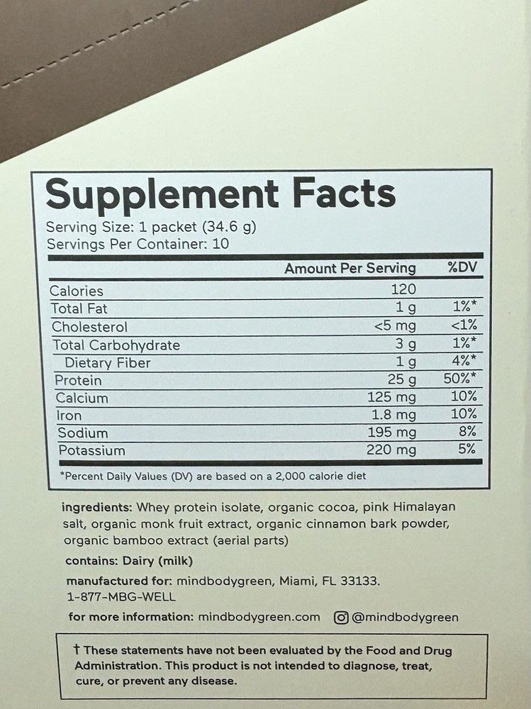 MindBodyGreen Grass-Fed Whey Protein Isolate + Chocolate Flavor 10 Packets NIB