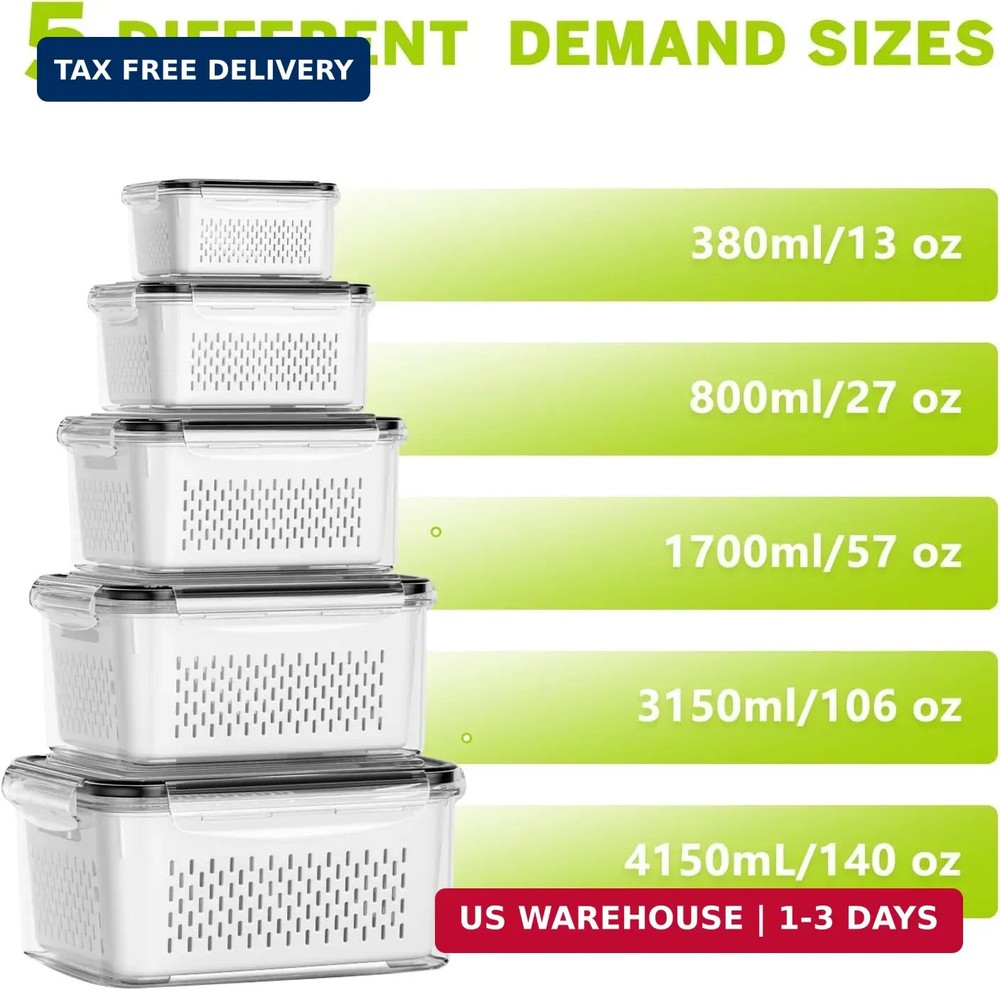 HOMETALL 5 Pack Fruit Storage Containers for Fridge, Plastic Fruit Containers fo