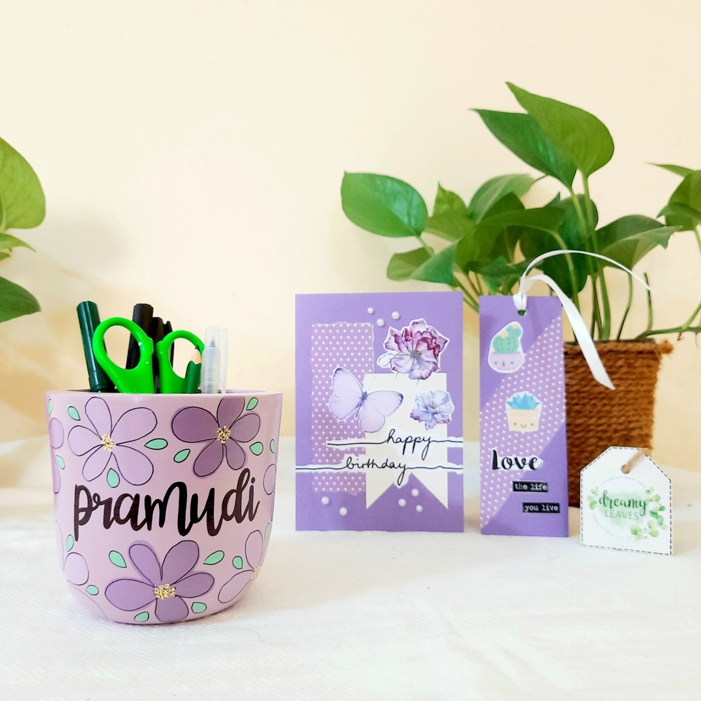 Custom Hand-Painted Pen Holder & Handmade Card Gift Set – Customizable