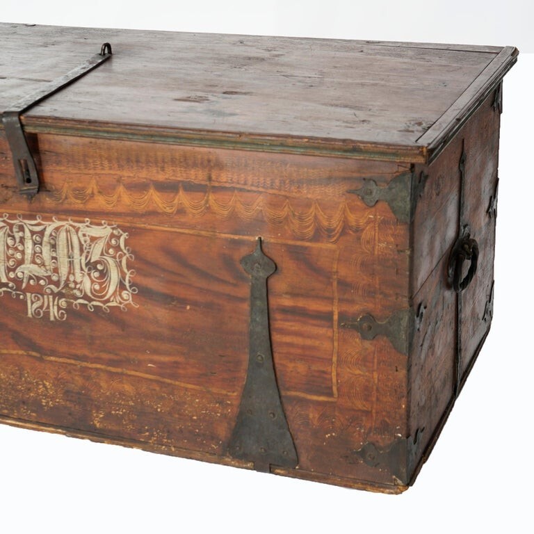 Folk Art Grain Painted Blanket Chest with Strap Hinges, Dated 1846