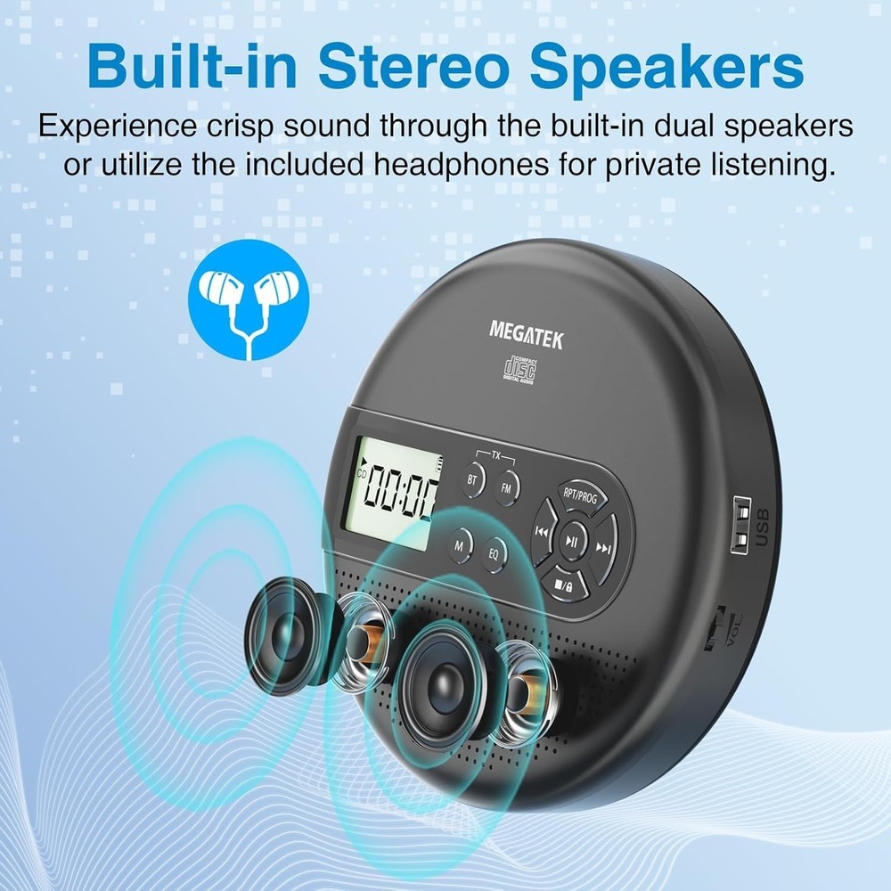 Portable Bluetooth CD Player for Car with FM Transmitter & Rechargeable Battery