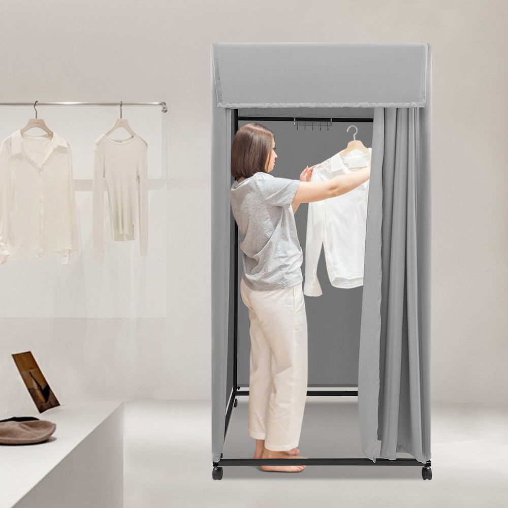 Rolling Fitting Room Portable Dressing Room Frame With Curtain & Hook Gray Color