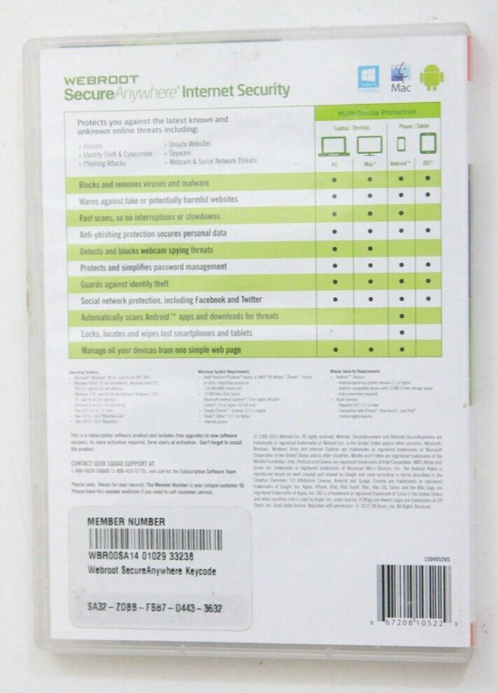 Webroot Secure Anywhere Anti Virus Software PC MAC Includes Install Keycode PP11
