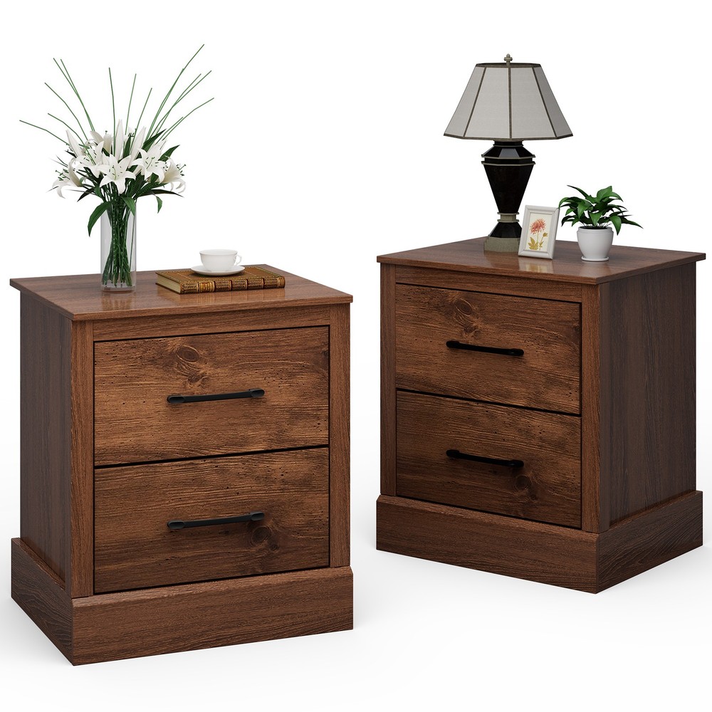 2 PCS 2 Drawer Compact Sofa End Table Nightstand Bedside Table Rustic Walnut