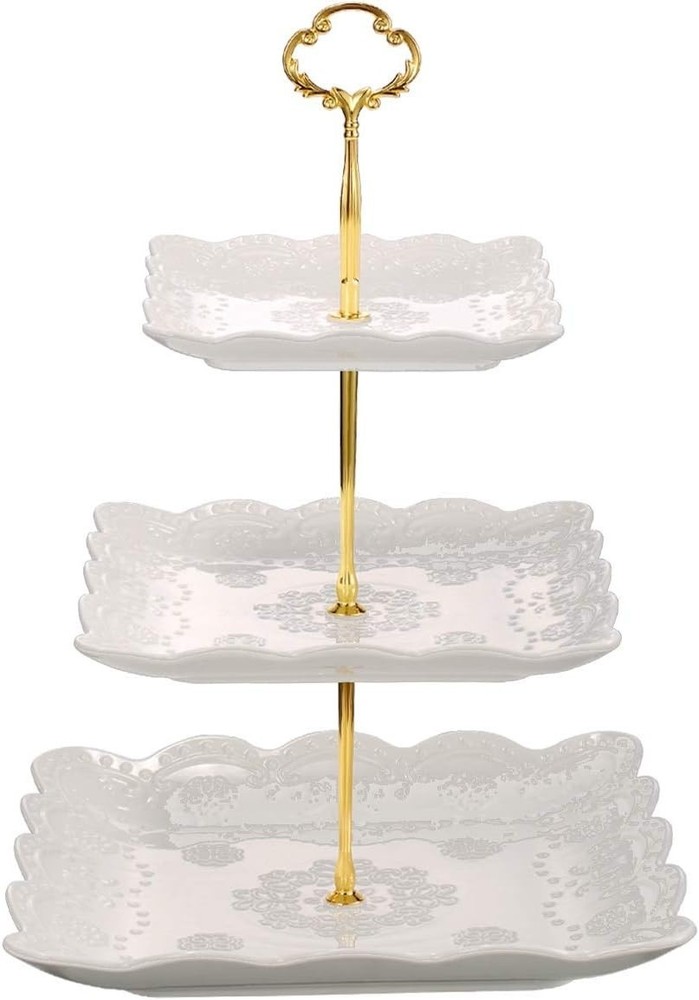 3 Tier Porcelain Cupcake Stand, Tiered Serving Cake Stand, Square White Embossed