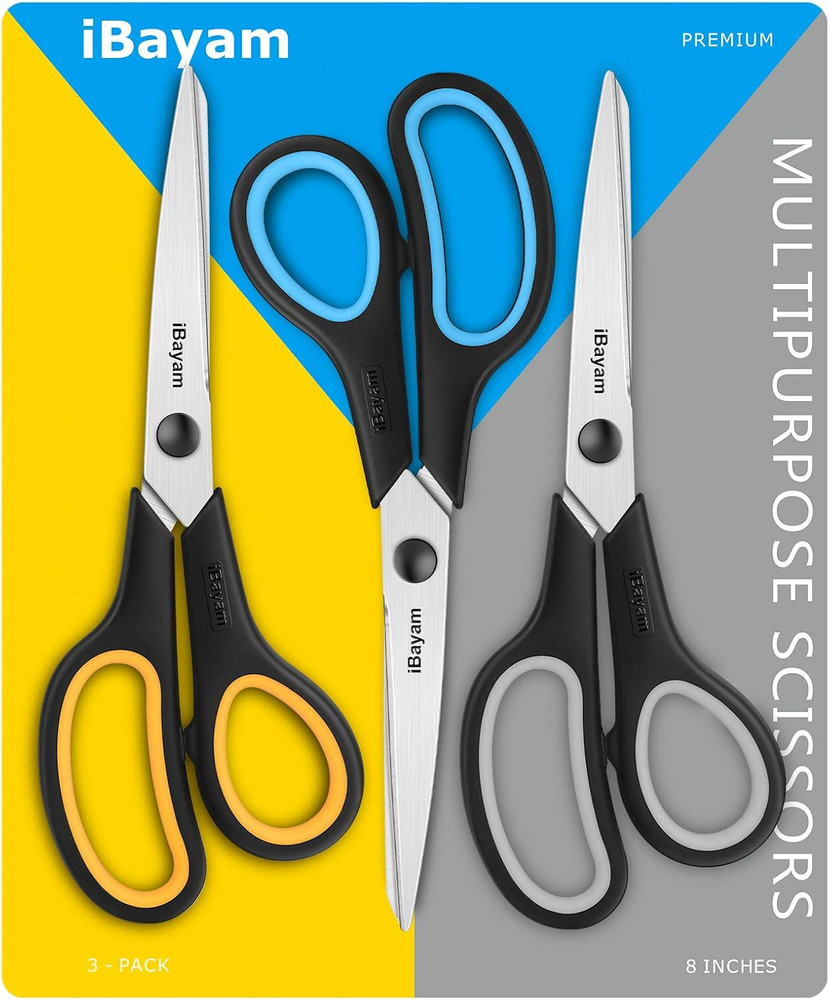 Scissors All Purpose, Ibayam 8" Heavy Duty Scissors Bulk 3-Pack, 2.5Mm Thickness