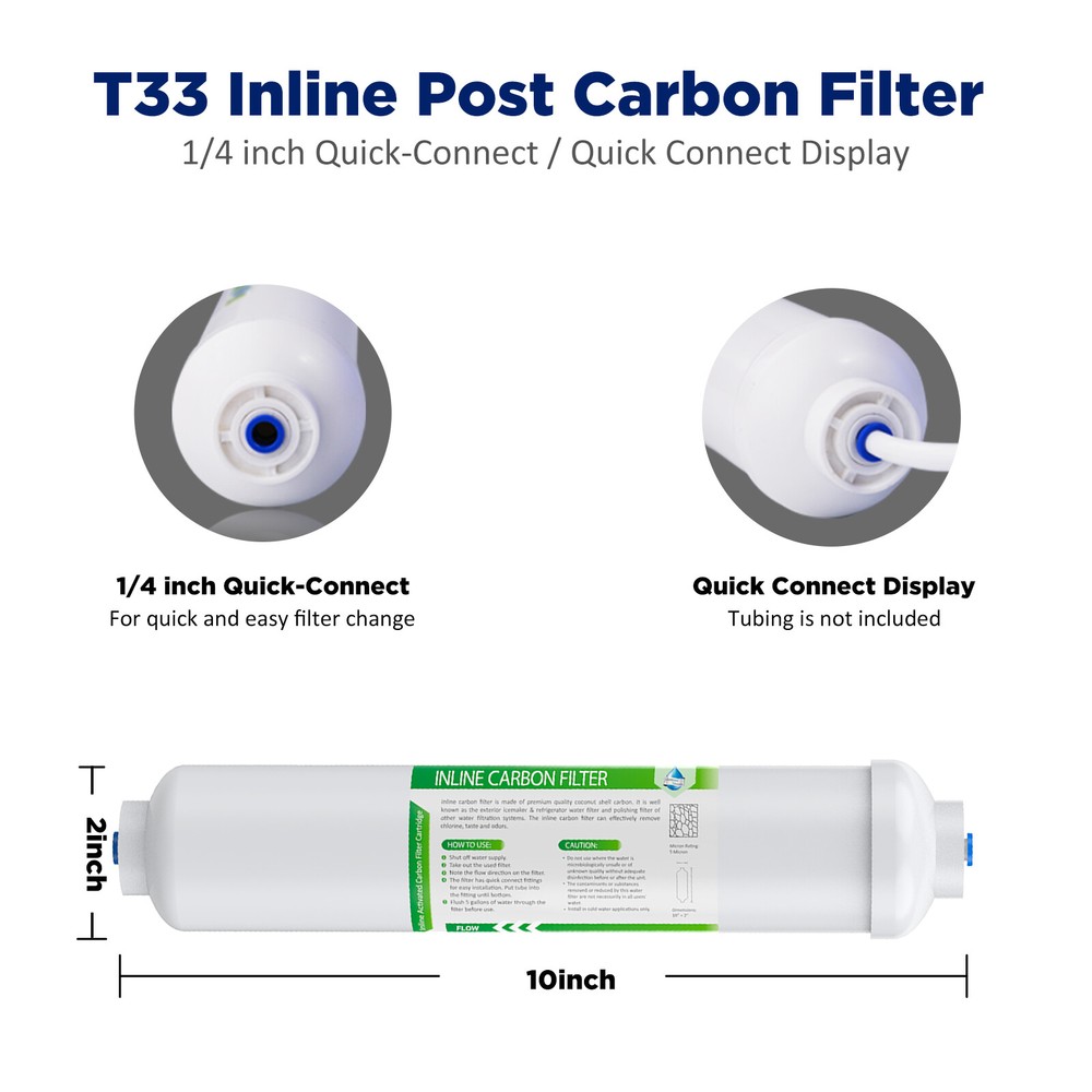 6 Pack Inline Post Carbon Water Filter T33 Under Sink Filters 1/4" Quick Connect