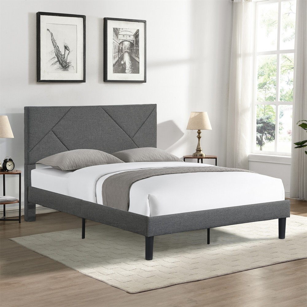 Queen Size Bed Frame Upholstered Platform Bed Frame w/ Upholstered Headboard US