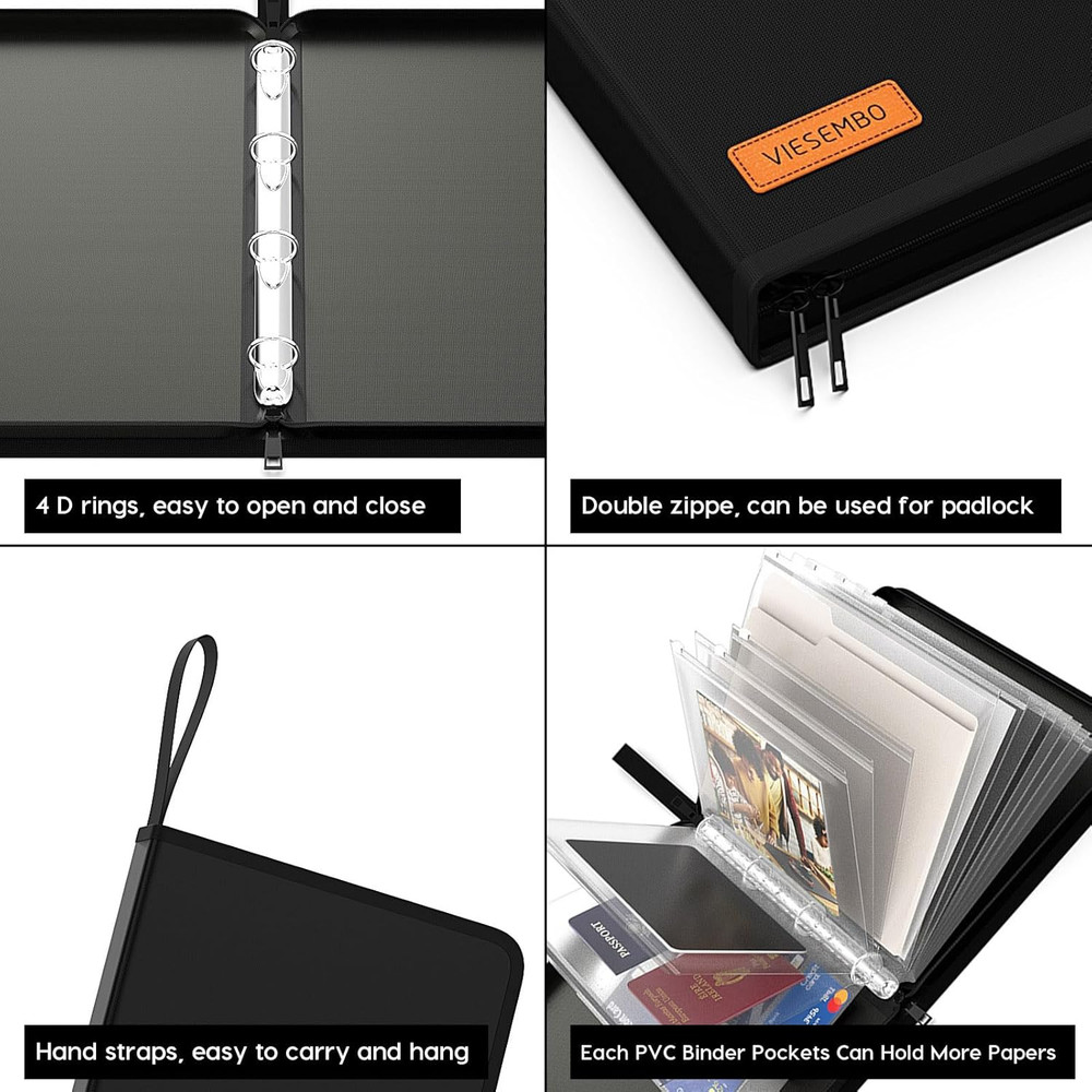 Fireproof Document Organizer Binder with Waterproof Bill Holder (Black)