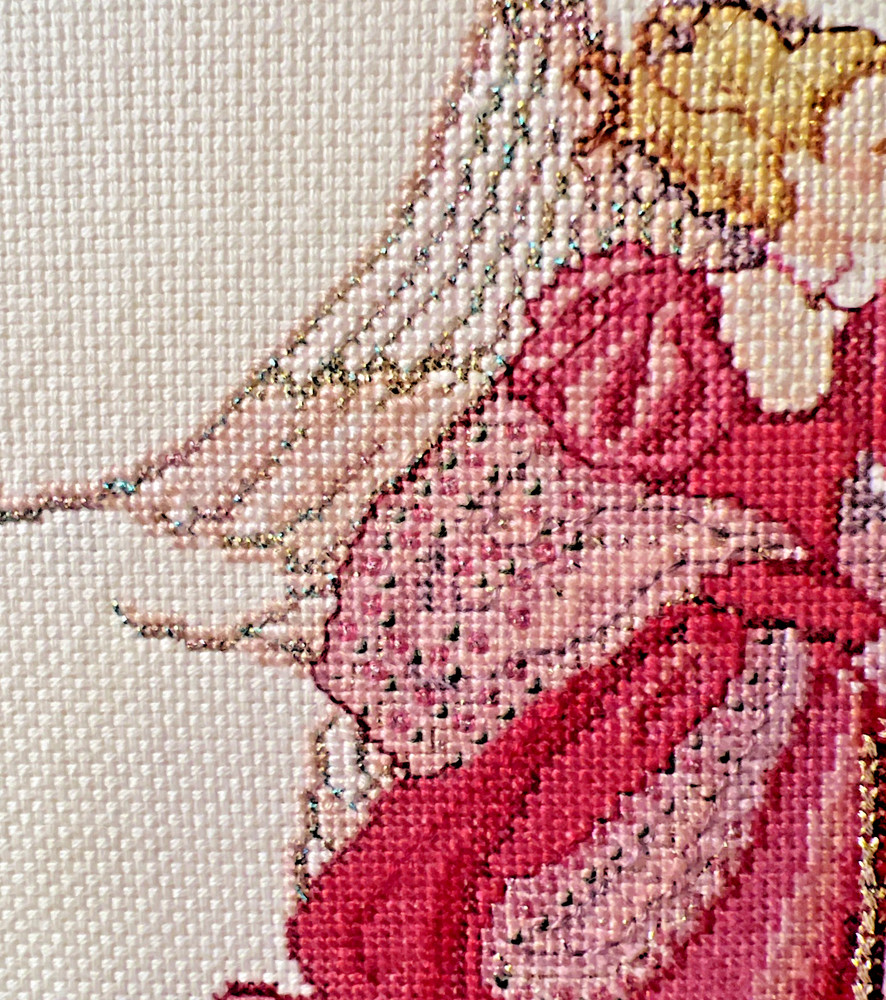 Completed Needlework VNTG. Framed Cross Stitch ANGEL Pink Spring Easter Sparkly!