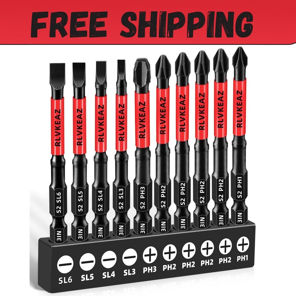 10-PCS 3" Long Magnetic Screwdriver Bits Set: Phillips Bits #1/#2/#3 & Slotted H