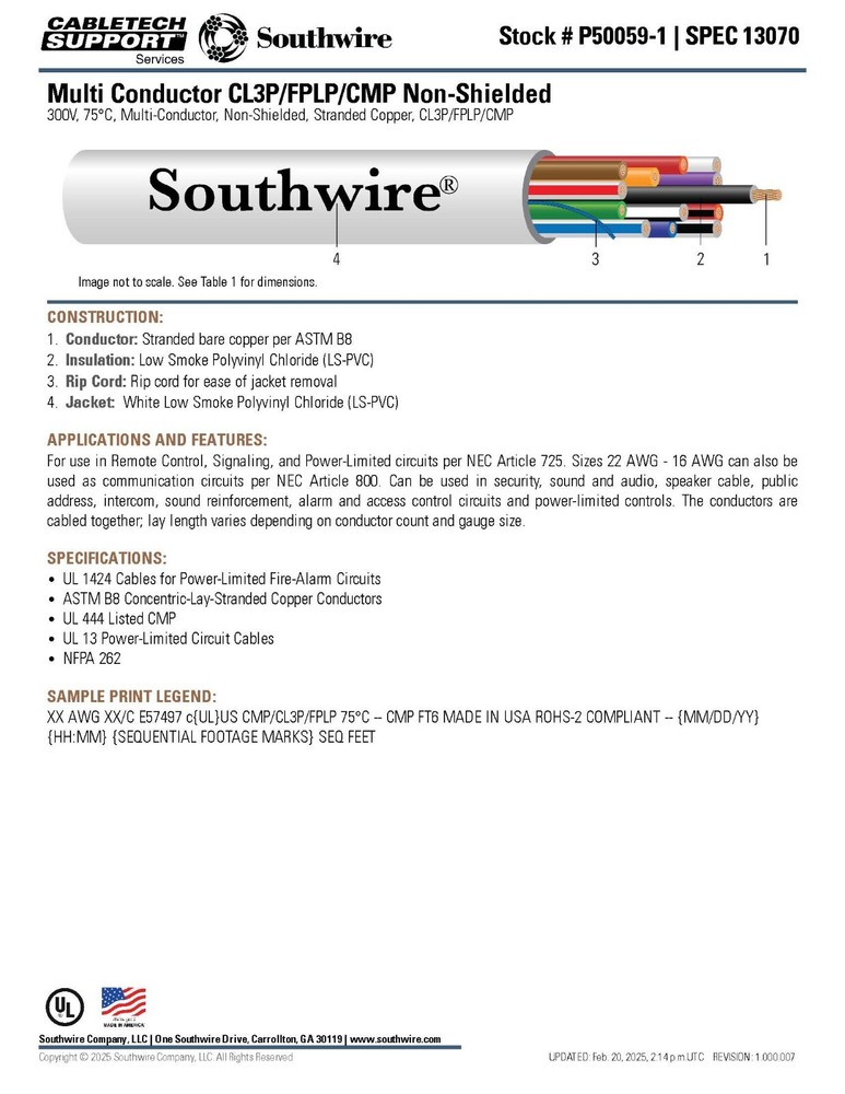 Southwire/Tappan P50059 16/4C Stranded Plenum Control/Security Cable White /50ft