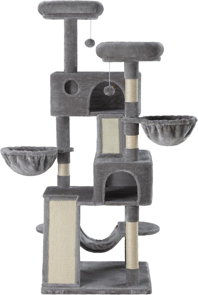 Large 65" Cat Tree Tower with Cozy Perches, Scratching Posts & Hammock - Grey