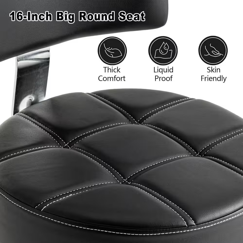 Lockable Adjustable Stool with Back Footrest Ergonomic Hydraulic Rolling, Black