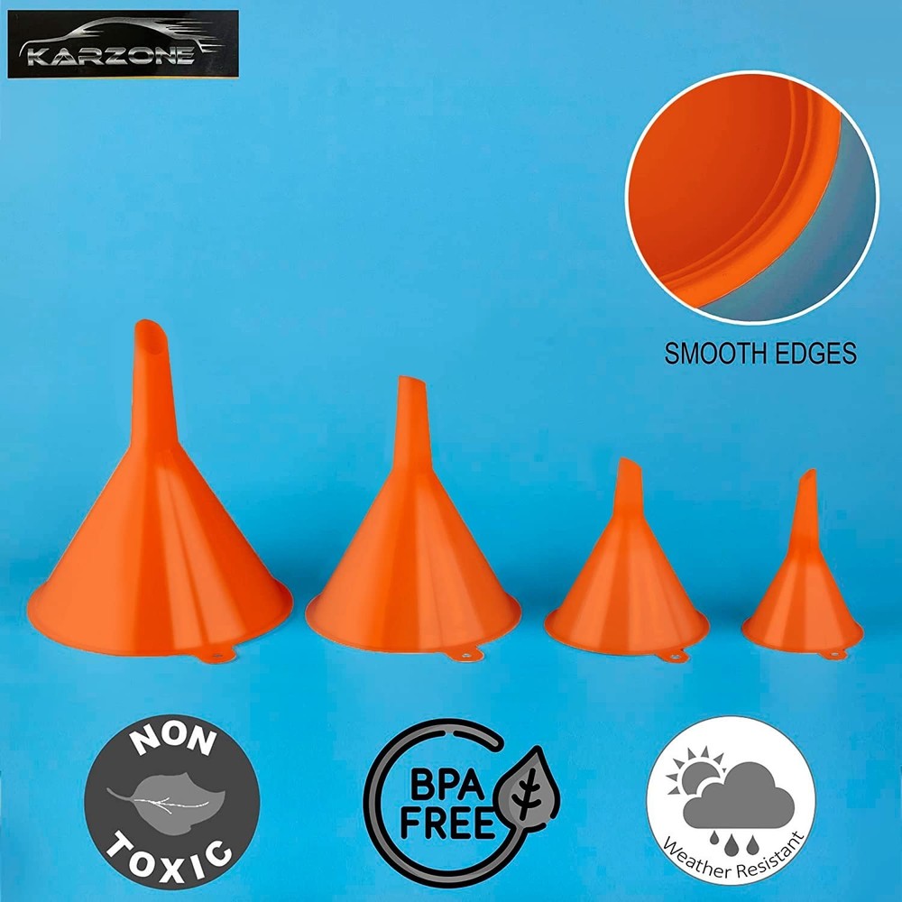 Versatile Orange Funnel Set - 4-Pack for Kitchen, Automotive, & Fluid Transfer