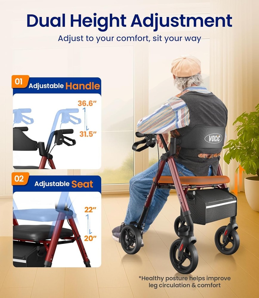 Foldable Rollator Walker Seat 350lb 8" Wheels Adjustable Backrest Support